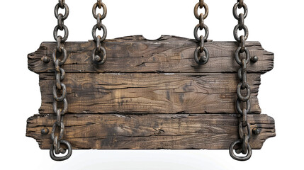Medieval wooden sign hanging on chains on white background