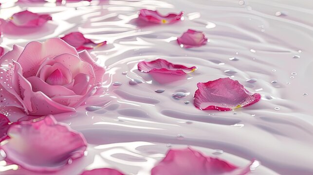 A 3D scene of a milk bath with floating rose petals