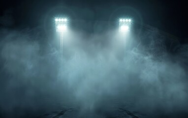 Ghostly lights tower above a shrouded stadium, their glow enveloped by the thick night fog, enhancing the mysterious ambiance.