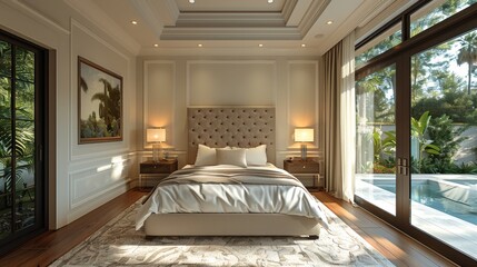 This bedroom is modern and elegant with main tones of white and gray. Mainstream neutral lighting
