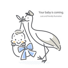 赤ちゃんを届けに来たコウノトリ　シンプルでかわいい線画イラスト