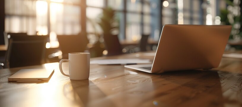 laptop on wooden table in meeting room with coffee cup and papers, office background