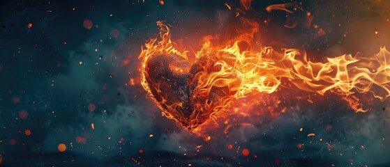 A conceptual illustration of a heart ablaze symbolizing burning love or passion - obrazy, fototapety, plakaty