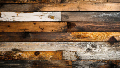 Multicolored reclaimed wood planks form a textured, rustic background. Horizontal align.