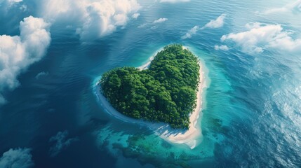 a heart-shaped island in a mid of a ocean