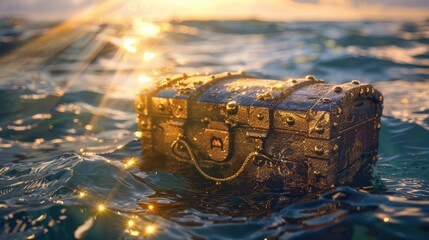 ancient treasure chest lies partially submerged on the surface of a ocean