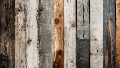 Multicolored reclaimed wood planks form a textured, rustic background. Vertical align.