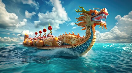 dragon boat racing across a serene turquoise sea