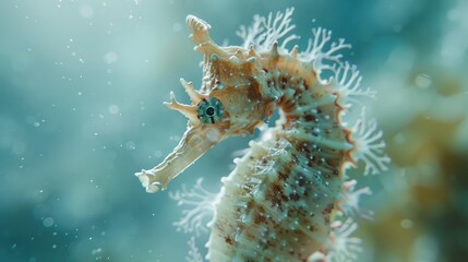 close-up of a seahorse in a ocean, soft blue sea background
