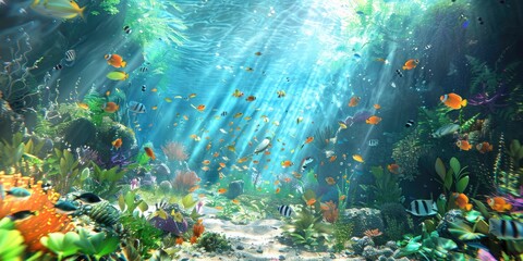 colorful tropical fish, including clownfish, angelfish and parrotfish, dart among the lush, swaying sea plants