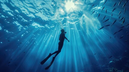 scuba diver in a deep waters of the ocean