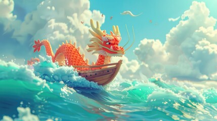 3d cartoon Dragon boat is in the middle in a middle of sea
