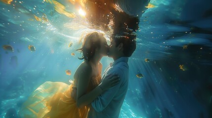 couple share a tender, romantic kiss deep under ocean