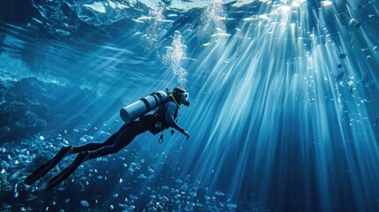 diving in a deep ocean, sunlight pierce the water's surface, tropical fish dart in the background