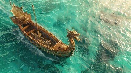 illustration of a golden dragon boat in the middle of sea