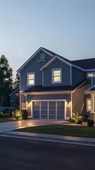 A classic craftsman-style home with a welcoming front porch and warm interior lights glows against a softly lit twilight sky, surrounded by lush landscaping.