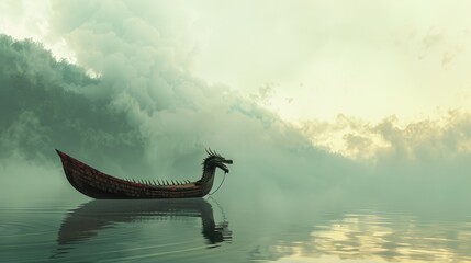 rowing boat adorned with a fierce dragon head in a calm water - obrazy, fototapety, plakaty