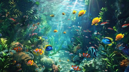 Ocean deep scene with diverse array of sea life