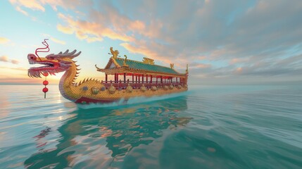 illustration of a traditional Chinese dragon boat in a serene turquoise sea