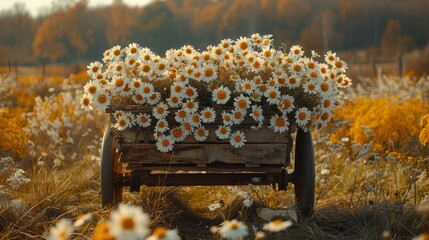 A rustic cart overflowing with bundles of daisies - 782115240