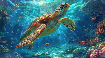 sea turtle gracefully glides through azure waters of the deep ocean