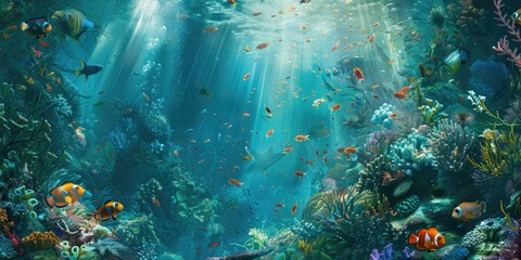 Vibrant underwater seascape teeming with marine life - obrazy, fototapety, plakaty
