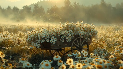 A rustic cart overflowing with bundles of daisies - 782115296