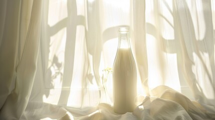 Fresh milk in a vintage glass bottle, set against the backdrop of crisp white curtains fluttering in the breeze, captures the essence of homey comfort no splash - obrazy, fototapety, plakaty