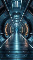 A captivating, multi-layered spacecraft corridor with a hypnotic, almost kaleidoscopic effect created by the interplay of geometric shapes, glowing panels, and a symmetrical perspective. - obrazy, fototapety, plakaty