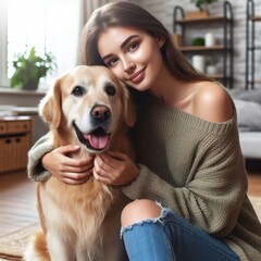Beautiful woman with a dog in her arms
