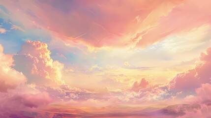 A whimsical tapestry of soft pink clouds drifts across a dreamy sky, casting a rosy glow over a landscape filled with enchantment and wonder no dust - obrazy, fototapety, plakaty