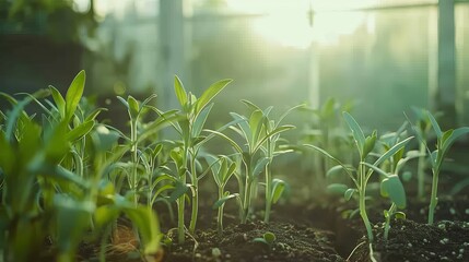 Obraz premium The image is showing green seedlings growing in the soil in the greenhouse, with a blur background. It is ideal for illustrating articles on gardening, agriculture, and plant growth.