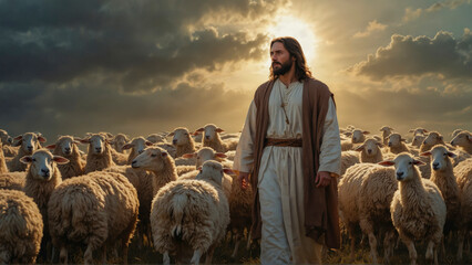 Good Shepherd: Jesus Christ with a Halo of Sun Rays, Leading a Flock of Sheep.