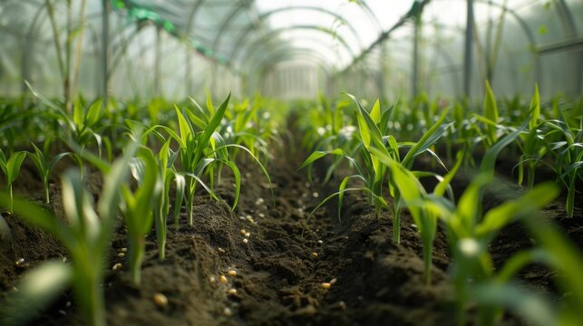 Rows of young green corn plants growing on the soil inside the greenhouse. Blurred background shows other plant rows. Concept of agriculture, farm, farming, harvest, and organic, healthy eating.