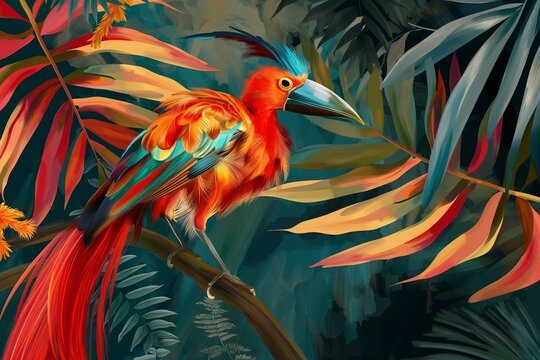 paradise bird with motley plumage, bright tropical trees