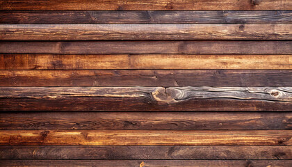 Close-up of a rustic, weathered wooden wall with rich brown tones and distinct grain patterns. horizontally arranged.