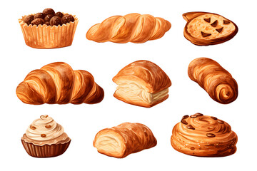 Set of various sweet breads Slices and bakery or pastries, isolated cartoon vector set of bakery products translucent background