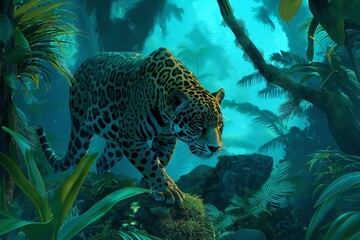 Jaguar walking in the jungle, raindrops falling, blue flora background - 782116224