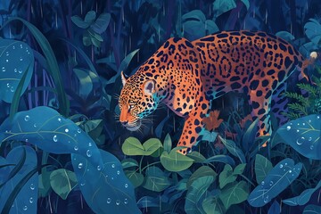 Jaguar walking in the jungle, raindrops falling, blue flora background - 782116229