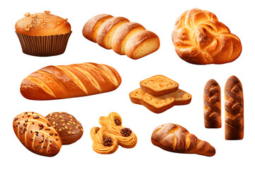 Set of various sweet breads Slices and bakery or pastries, isolated cartoon vector set of bakery products translucent background