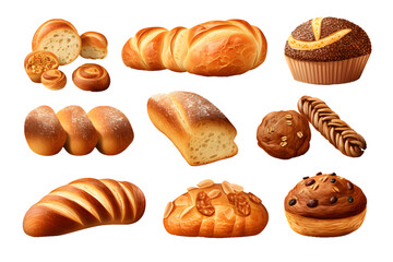 Set of various sweet breads Slices and bakery or pastries, isolated cartoon vector set of bakery products translucent background