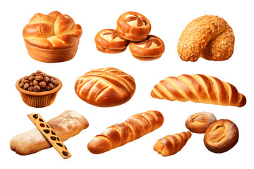 Set of various sweet breads Slices and bakery or pastries, isolated cartoon vector set of bakery products translucent background