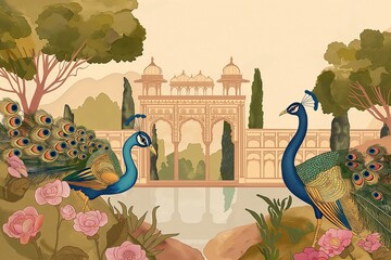 Park green trees, arch, peacock vintage design background, botanical landscape wallpaper - 782116261