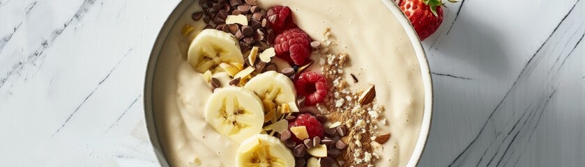 A smoothie bowl, adorned with vibrant toppings, owes its creamy base to almond milk, its light beige adding a touch of calm to the palette low texture