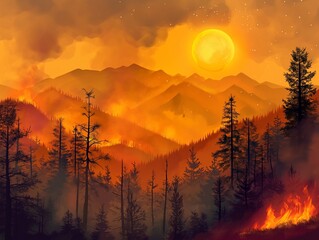 Wildfires burning trees with smoke - 782116438