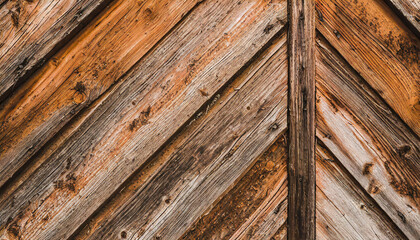 Obraz premium Close-up of a rustic, weathered wooden wall with rich brown tones and distinct grain patterns.