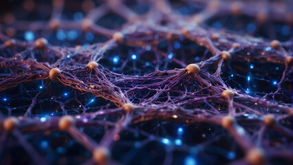 A vast neural network of threads in blue, purple and orange colors
