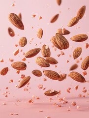 Almond, nuts falling, pink background