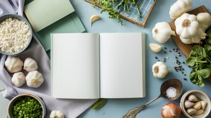 A recipe book with a pale green cover becomes a trusted guide for those with lactose intolerance, filled with creative, lactosefree culinary delights low noise - obrazy, fototapety, plakaty