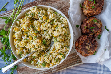 Pasta salad with german pork meatballs